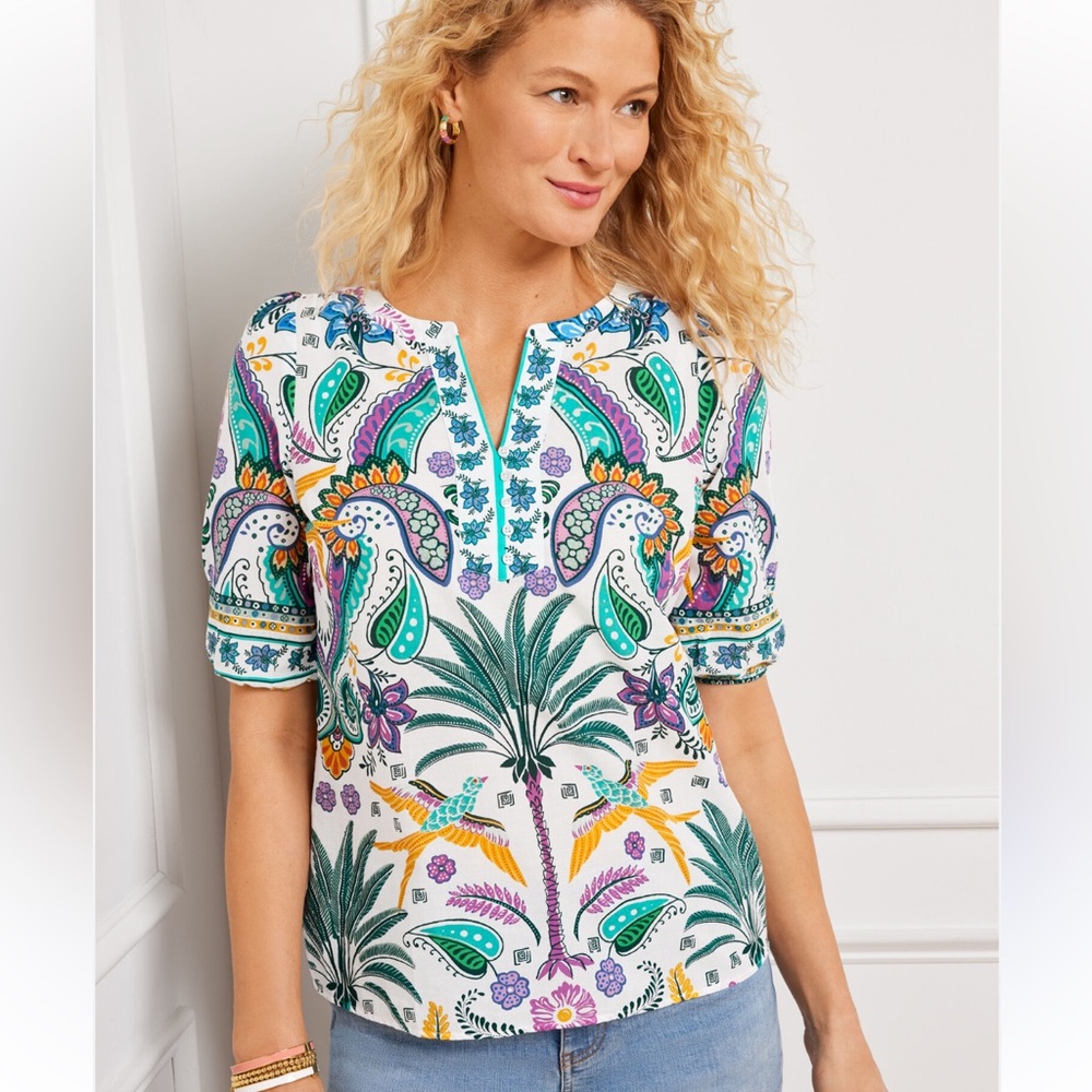 NWT Talbots Birds & Palms Print Blouse